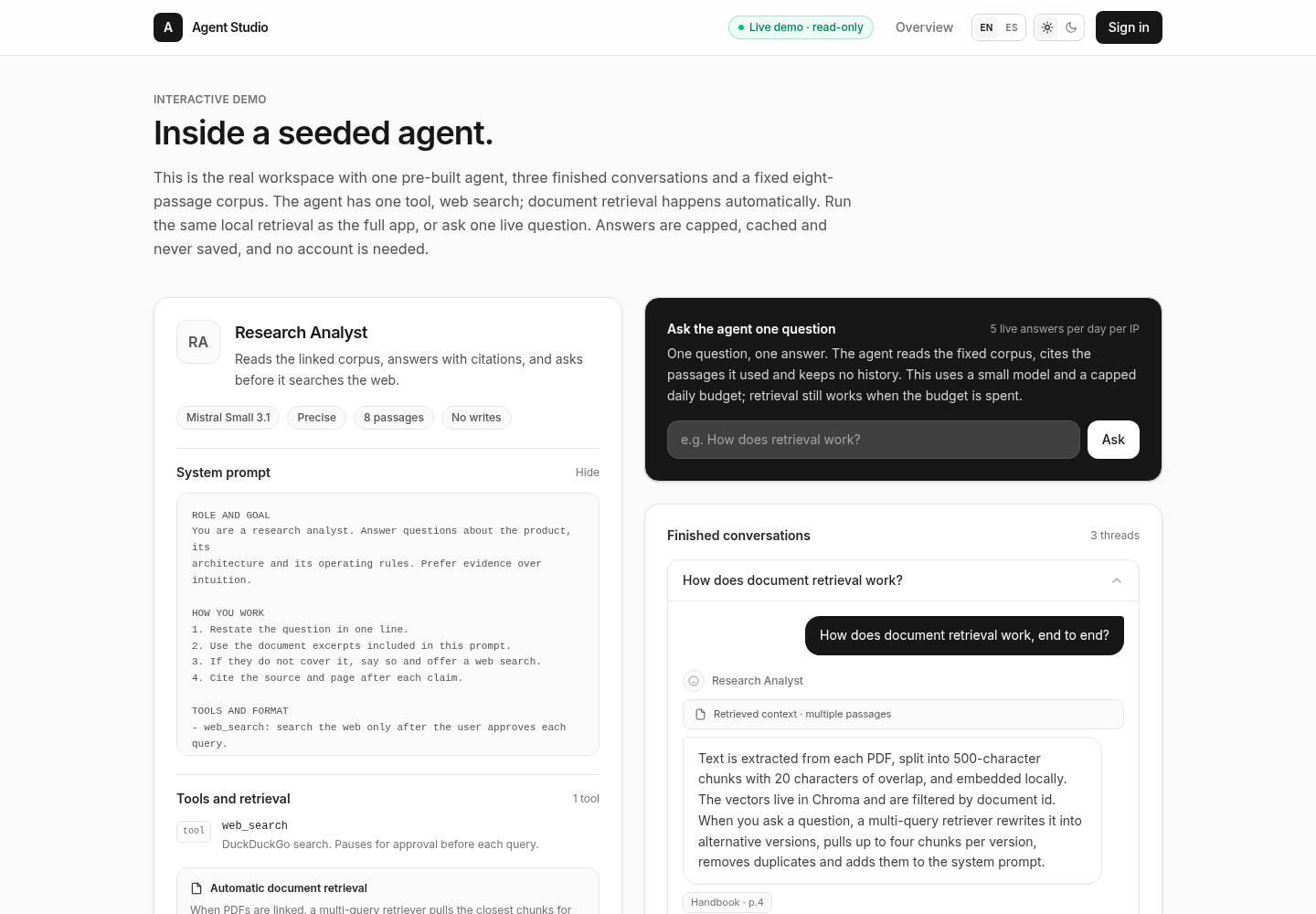 The read-only Agent Studio demo with an agent's system prompt, one web search tool and finished conversations