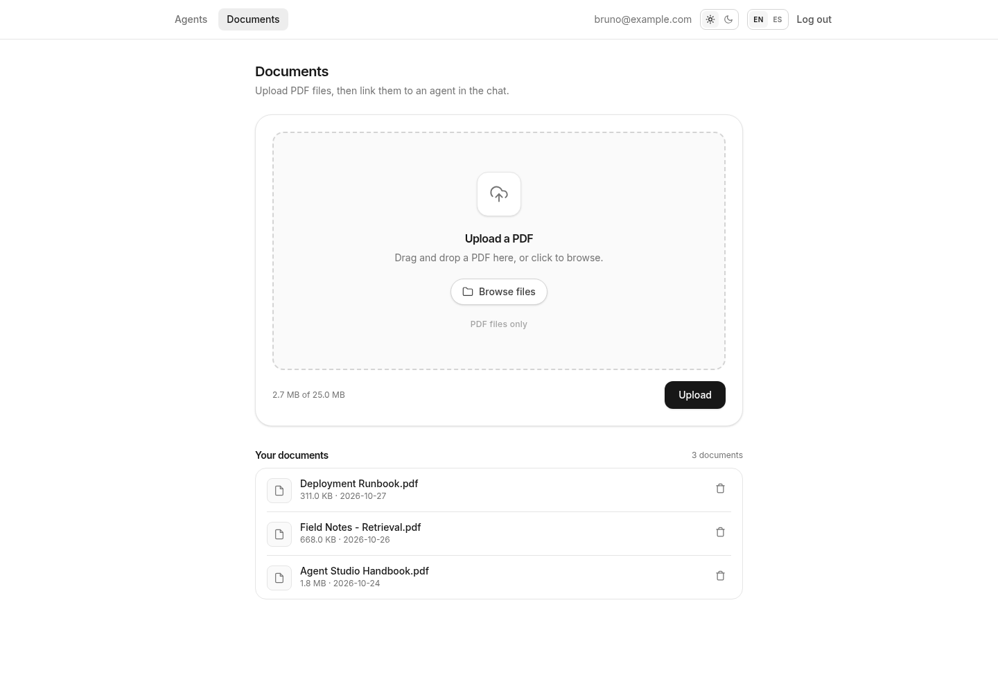The document library with PDFs and storage usage